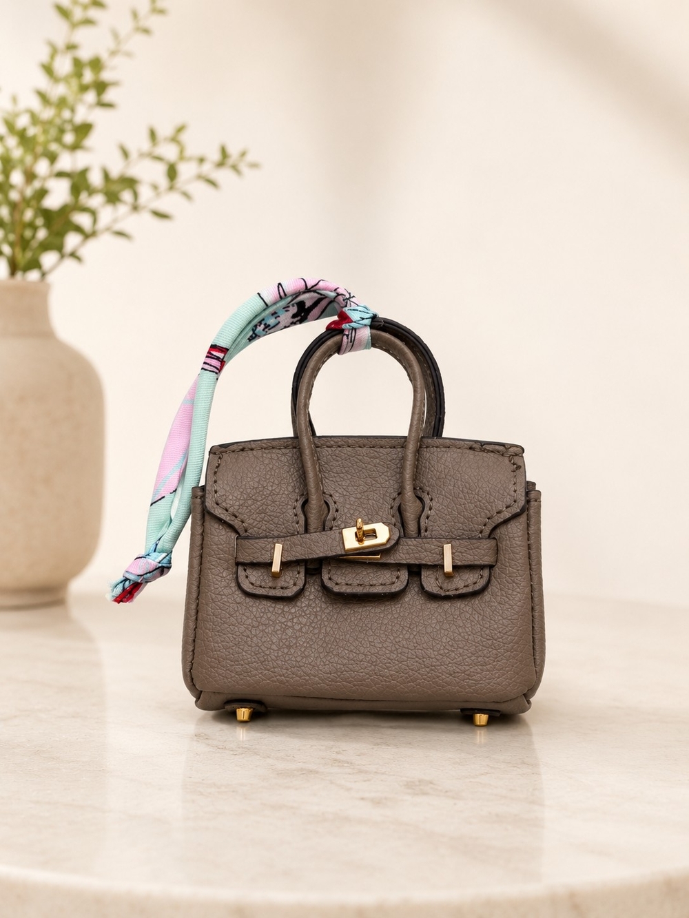 Gray Brown Mini Tote Handbag with Silk Scarf Accent Charm